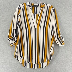 AKIRA Women's Striped V-Neck Roll Sleeve Tunic Office Career Top Size S‎